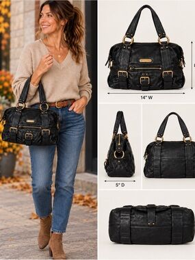 Michael Kors Austin Black Leather Buckle Moto Satchel Y2K Gold Hardware